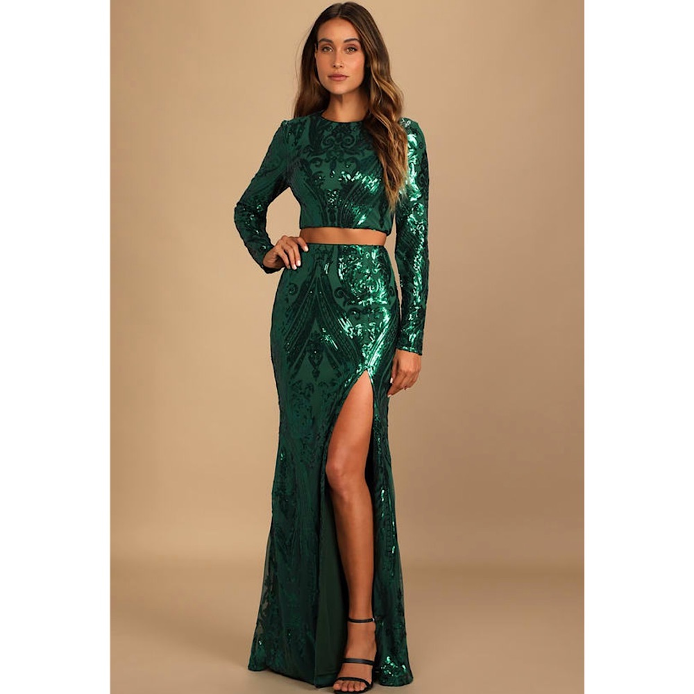 Lulus Luxe Aesthetic Green Sequin Long Sleeve Two-Piece Maxi Dress